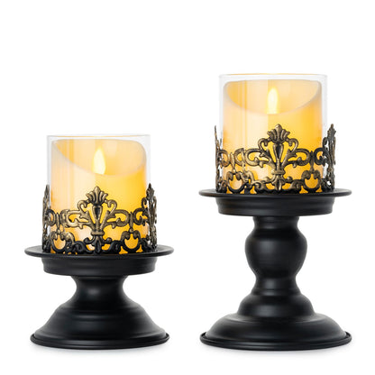 Woparty Gothic Hurricane Candle Holders, Black Metal with Glass Sleeve, Set of 2 Decorative Pillar Holders, 5.9 and 7.9 Inch Height, 4 Inch Diameter