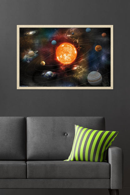Orbiting Solar System Wall Poster, 34L" x 22.4W", Blonde Framed Version