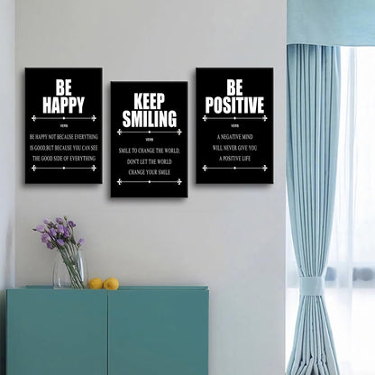 YSPCSUN Triptych Wall Decor Inspirational Posters for Office, Black White Be Happy Positive Quote 3 Panel Canvas Prints for Home Office Dorm Classroom, 48x24 Inch Display