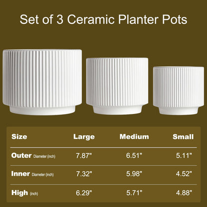 Houlu Set of 3 White Ceramic Plant Pots (7.8/6.5/5.1 inch) with Drainage, Small Flower Planter for Indoor and Outdoor Plants