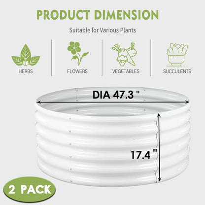 FORTUNO 2 Pcs 17" Tall 4 Ft Round Raised Garden Bed Box Galvanized Metal Outdoor High Flower Bed Steel Patio Ground Planter for Planting Vegetables and Herbs, White