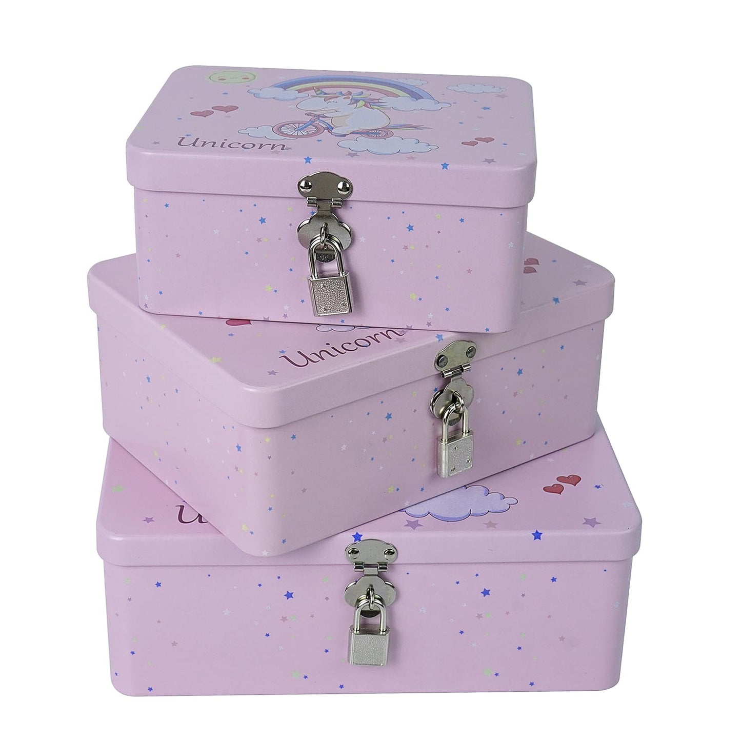 Luwint Metal Box Unicorns Pattern Decoration Storage Box - Pink Metal Thin Art Box Organizer with Lock, Ideal Gift for Friends Mother Father (3 Pieces/Large Medium Small)