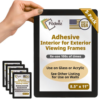 Fodeez Letter-Size 8.5 x 11 Adhesive Interior for Exterior Viewing Frames - Reusable Sticker Holder Display for Windows & Doors, Paper Holder, Dry Erase, Non Acylic & Non Magnetic - Black, Pack of 5
