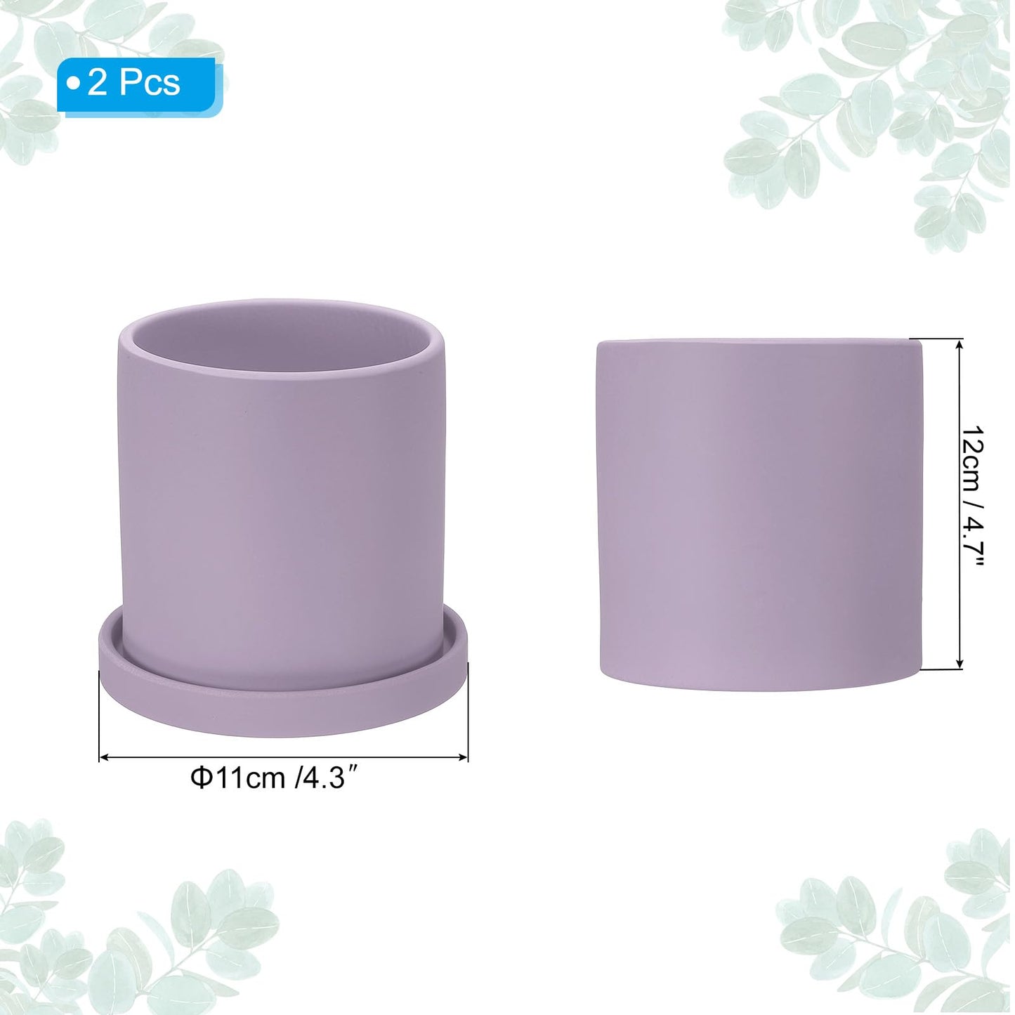PATIKIL 4.3 Inch Ceramic Plant Pots, 2 Pack Modern Flower Planters with Drainage Holes and Tray for Decorate Home Indoor Plants Succulent Herb, Purple