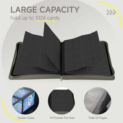 Card Binder with 1024 Cards,16 Pocket Trading Card Binder Includes 32 Page Storage Sleeves,Collection Card Album,Card Holder to Organize and Protect Cards,Grey