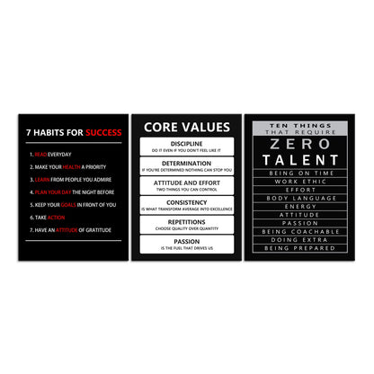 Inspirational Canvas Wall Art 3 Pieces Core Values Poster Motivational Ten Things That Require Zero Talent Canvas Artwork Picture Print Framed for Home Office Living Room Gym Wall Decor [36''Wx 16''H]