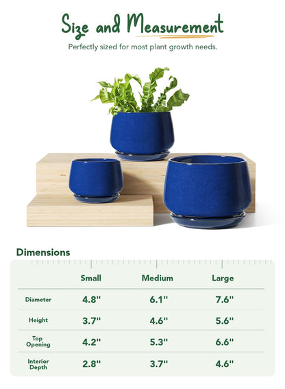 LE TAUCI Plant Pots, 4.1+5.1+6.5 inch, Set of 3, Ceramic Planters with Drainage Hole and Saucer, Indoor Flower Pot with Hole Mesh Pad, Gifts for Mom, Sapphire Blue