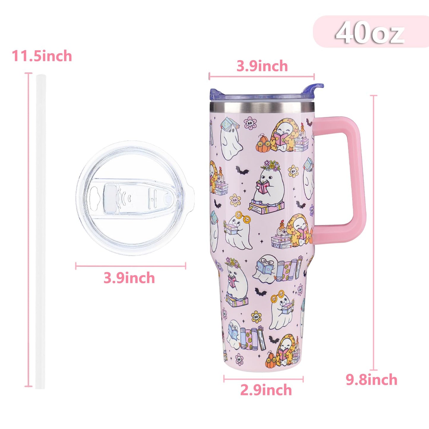 ZNYYZYBA 40 oz Halloween Tumbler with Lid and Straw, Stainless Steel Insulated Ghost Reading Book Tumbler 40 oz, Reusable Ghost Cup with Leak Proof Lid, Halloween Gifts for Women