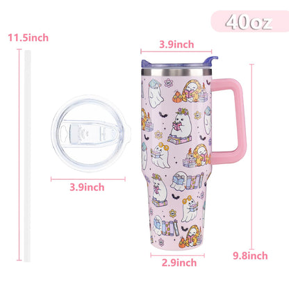 ZNYYZYBA 40 oz Halloween Tumbler with Lid and Straw, Stainless Steel Insulated Ghost Reading Book Tumbler 40 oz, Reusable Ghost Cup with Leak Proof Lid, Halloween Gifts for Women