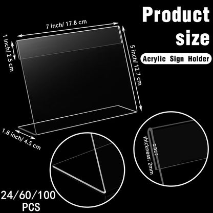 Vicenpal 24 Pcs 7x5 Inch Clear Acrylic Sign Holder Plastic L-shape Vertical Menu Stand, Picture Photo Frames, Table Paper Holder, Flyer Sign Display Stand for Restaurants, Store, Office, Wedding