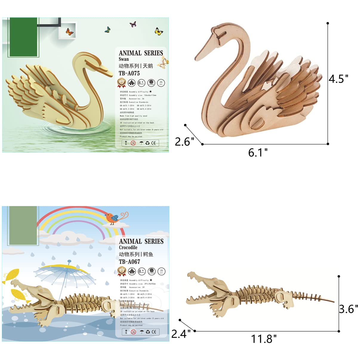 3D Wooden Wild Animal Puzzle - 6 Piece Set Wood Wild Animals Skeleton Assembly Model Kits - Wooden Crafts DIY Brain Teaser Puzzle - STEM 3D Puzzle Gifts for Adults & Teens