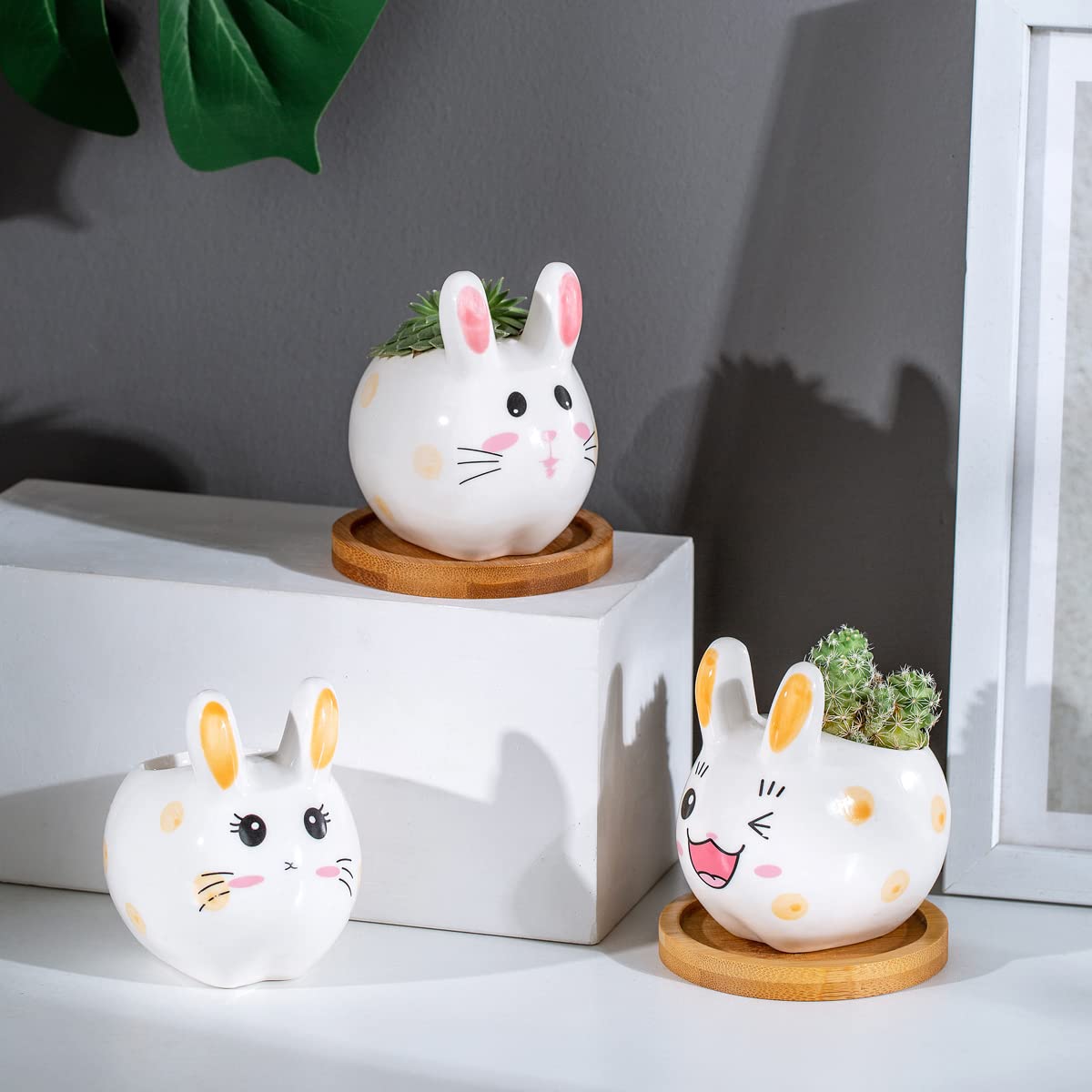 3.6 inch Mini Pots for Small Succulant Plant Ceramic Animal Succulent Planter with Drainage and Bamboo Tray for Easter Bunny Rabbit Gift Lovers (Cute Bunnies)
