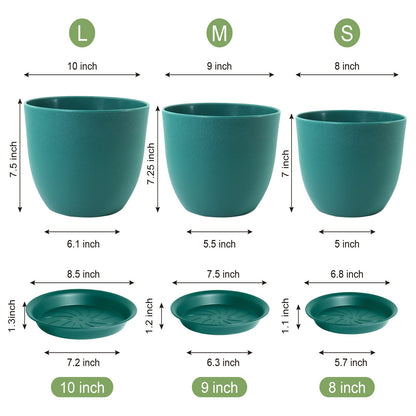 WOUSIWER Plant Pots 10/9/8 inch, Set of 3 Modern Decorative Plastic Planters with Drainage Holes and Saucers for House Plants Indoor Flowers Plants, Blue