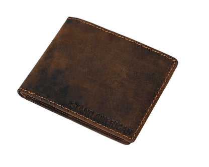 Stand American Men's Full Grain Hunter Leather Bifold Wallet with RFID Blocking - Slim Design with Total 7 Card Slots (2 Concealed Card Slots) ID Window & 2 Cash Pockets With Premium Stiching (TAN)