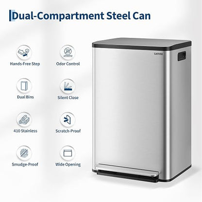 13 Gallon Trash Can Kitchen Garbage Bin with Removable Inner Buckets 50L Stainless Steel Step-on Metal Large Waste Cans with Soft Close Lid Silver