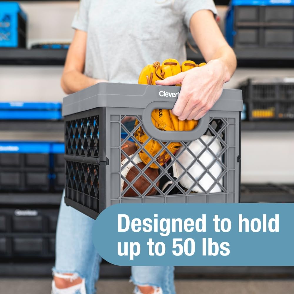 CleverMade Collapsible Milk Crate 25L (6.6 Gal), 50 lb Capacity Heavy Duty Folding Crate – Stackable Storage Crates with File Rails, Plastic Collapsible Crates - Obsidian