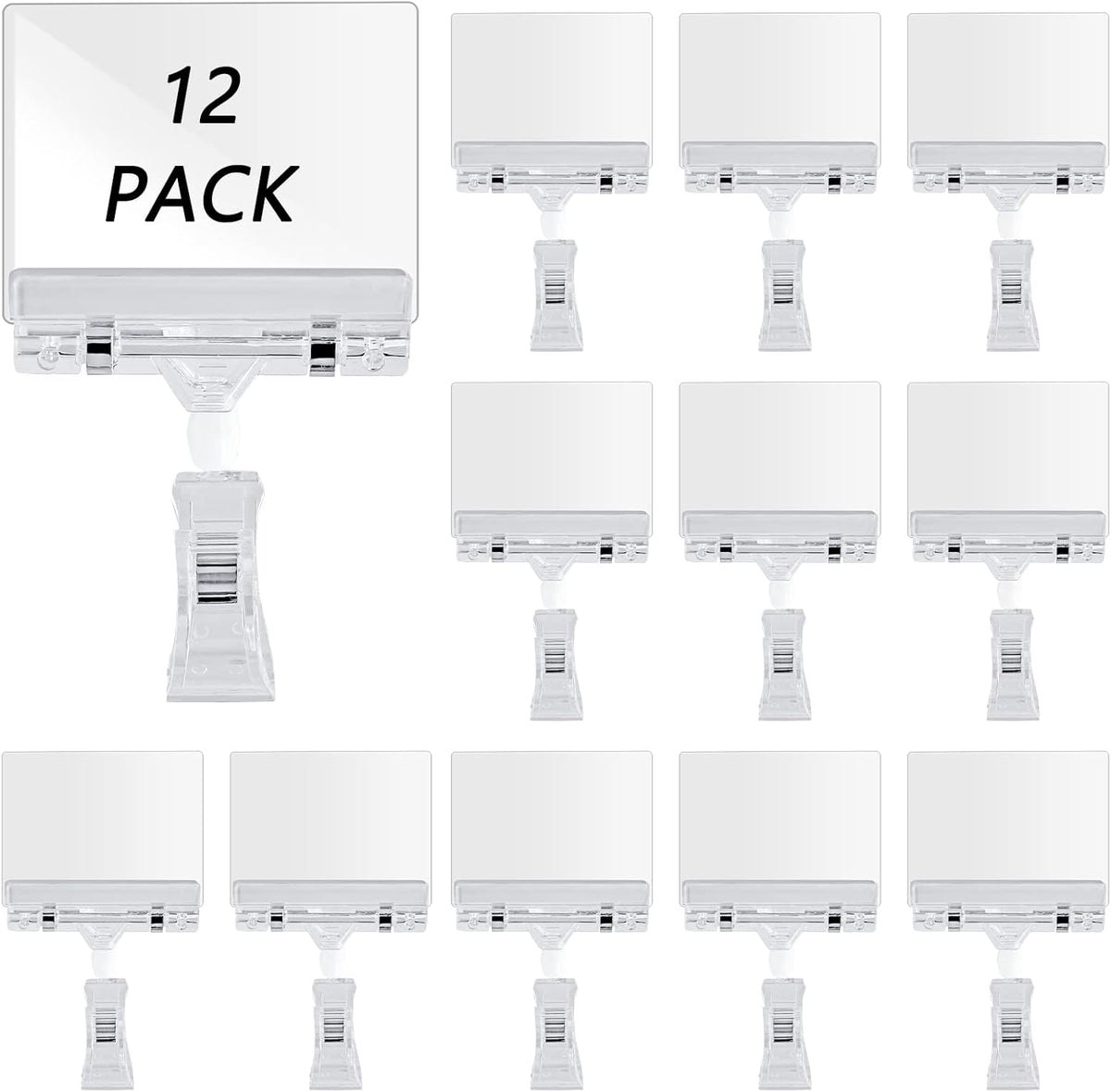 Biaungdo 12 Pcs Rotating Clip Swivel Sign Holder, Clear Rotatable Sign Holder with Double Clip Design, PVC Card Protector for Shelves, Store, Business, Exhibition