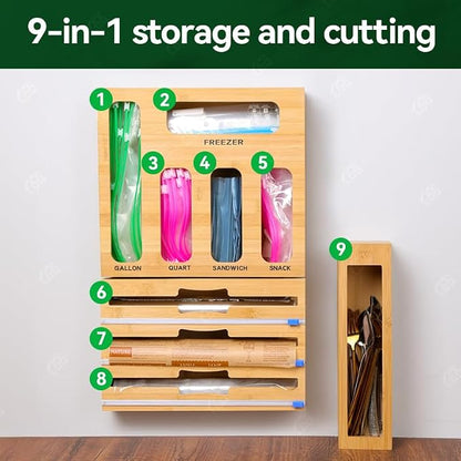 LDQ 9-in-1 Shatterproof Square Bamboo Storage Box - Aluminum Foil Dispensr with Cutter, Reusable Quarter Multi-Functional Sealed Bag Organizer for Kitchen Drawers, Walls, and Cabinetse