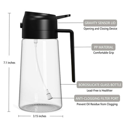 JULEHUI With Stickers 16oz Olive Oil Sprayer for Cooking - 2 in 1 Spray & Pour Olive Oil Dispenser - 470ml Glass Spray Oil Bottle - Kitchen Gadgets