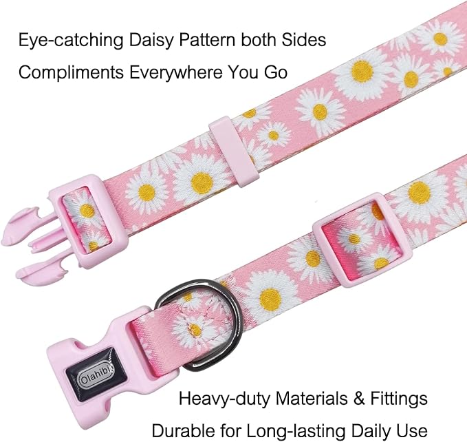 Dog Collar Leash Set, Floral Pattern, Polyester Material, Adjustable Collar and 5ft Matchcing Leash, for Medium Dogs.(M, Light Pink Daisy)