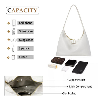 Small Shoulder Bag for Women Cute Hobo Purses Trendy Leather Tote Handbags Classic White Underarm Purse with Double Zipper