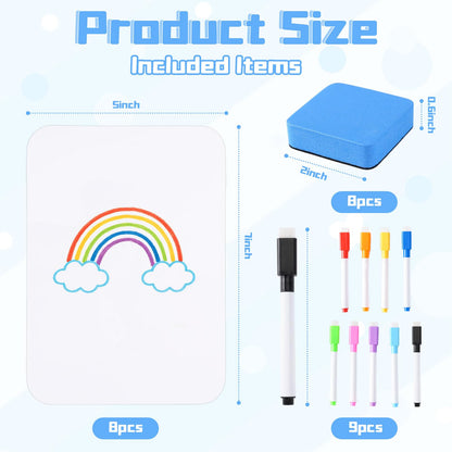Mini White Boards for Students, 8 Pack 5 x 7 Inch Double-Sided Dry Erase Boards with Markers & Erasers, Reusable Small Lap Boards for Classroom Teacher Student Interactive Learning