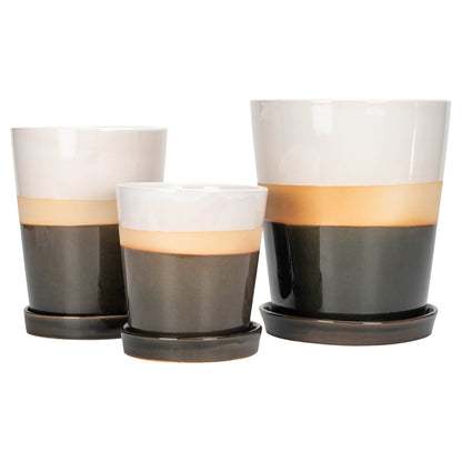 Napco Imports Striped Grey and Tan 8.25 inch Ceramic Standing Planters with Saucers Set of 3