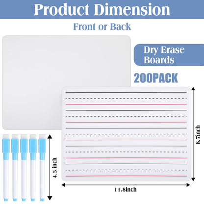 ReliThick 200 Pcs Lined Dry Erase Board with Markers 9 x 12 Double Sided Whiteboards Dry Erase Lapboards with Lines Ruled Writing Board Handwriting Practice