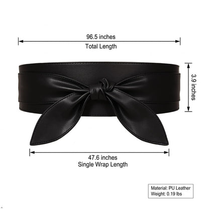 Clove Rise Women Wide Waist Belt | Soft PU Leather Obi Belt | Wrap Around Knotted Tie Belt for Dresses | Fashionable Long Sash with Bow | Plus Size Adjustable Waistband (black)