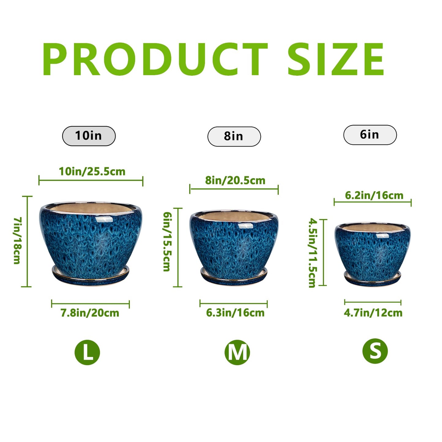 EPFamily Ceramic Plant Pots Indoor, 10 Inch 8 Inch 6 Inch Round Planters Pots for Indoor Outdoor Plants, Modern Large Flower Pots with Drainage Holes and Saucers, Set of 3, Blue