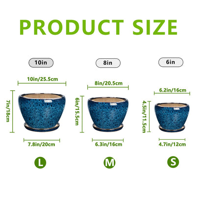 EPFamily Ceramic Plant Pots Indoor, 10 Inch 8 Inch 6 Inch Round Planters Pots for Indoor Outdoor Plants, Modern Large Flower Pots with Drainage Holes and Saucers, Set of 3, Blue