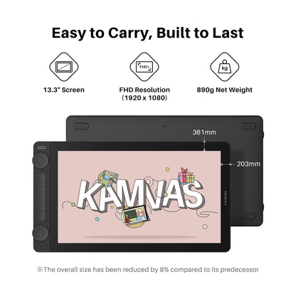 HUION Kamvas 13 (Gen 3) Drawing Tablet with Screen,13.3" Full-Laminated Art Tablet with Anti-Sparkle Canvas Glass 2.0, 99% sRGB, PenTech 4.0, 16384 Pen Pressure, Dual Dial for PC, Mac, Android, Black