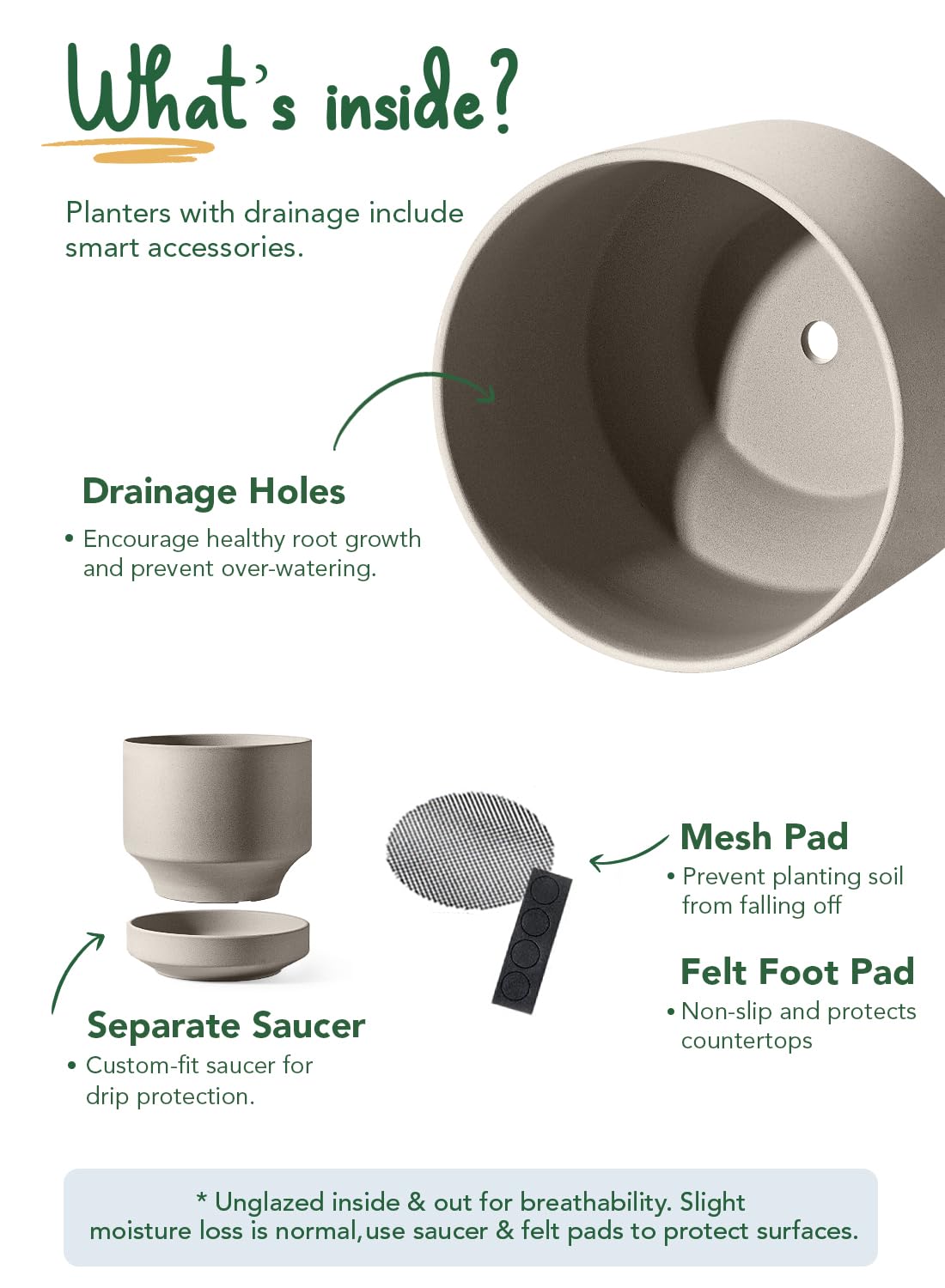 LE TAUCI Large 14 Inch Plant Pot with Saucer | Ceramic Outdoor & Indoor Big Planter Pot | Drainage Hole, Mesh Pad | Unglazed Porous | Modern Minimalist for Home and Patio – Neutral Gray