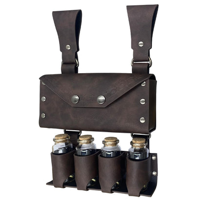 HiiFeuer Medieval Alchemy Faux Leather Belt Bag with 4 Cork Potion Vials, Fantasy Wizard Waist Pouch Side Pack for Ren Faire (Brown A)