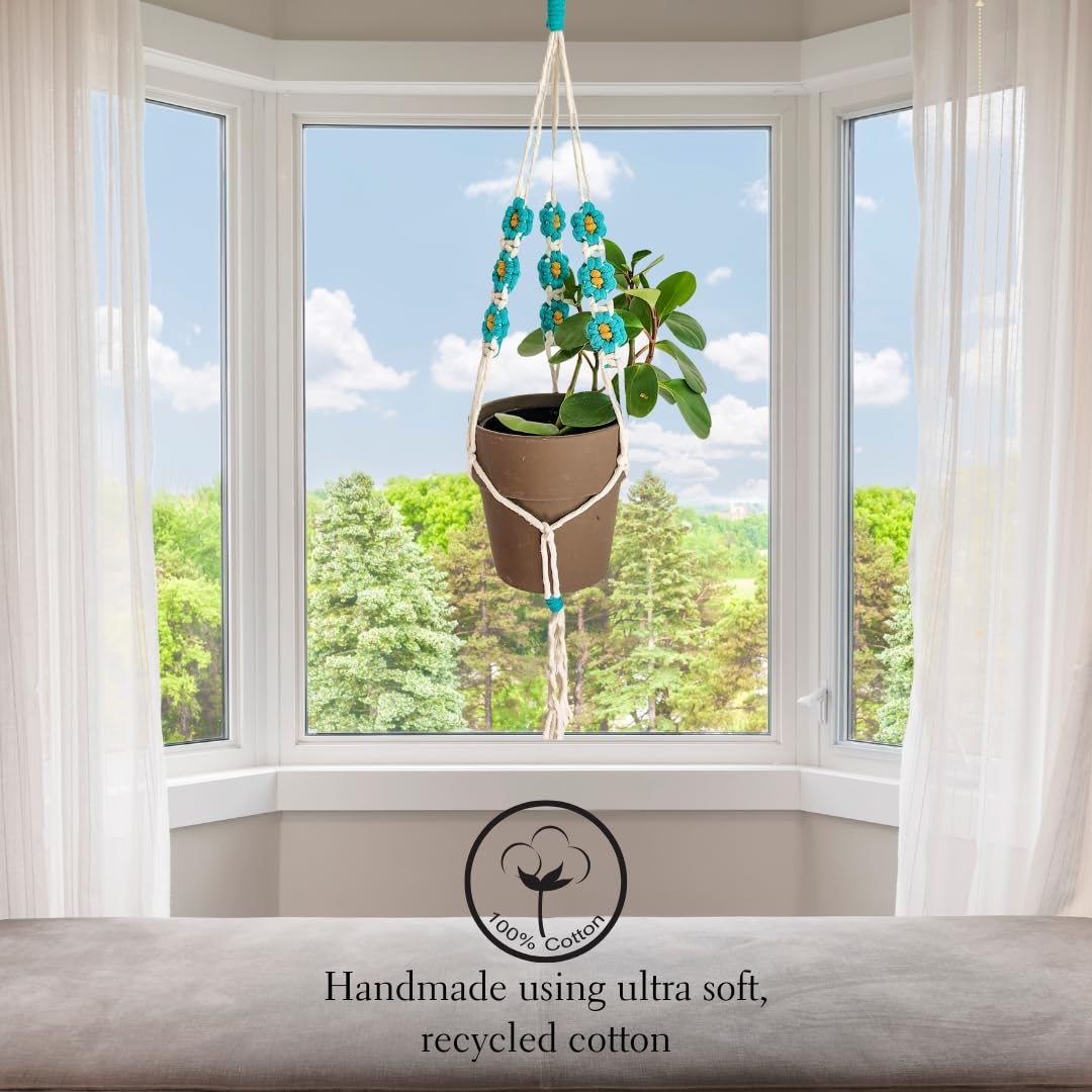 Macrame plant hanger with Daisies | Hanging plant holder | Macrame Plant hangers outdoor and indoor hanging planters Plant stand indoor Boho Decor hanging planter stand / plant shelf (Ocean Teal)