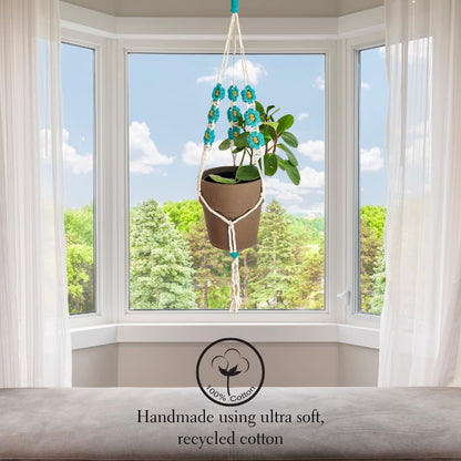 Macrame plant hanger with Daisies | Hanging plant holder | Macrame Plant hangers outdoor and indoor hanging planters Plant stand indoor Boho Decor hanging planter stand / plant shelf (Ocean Teal)
