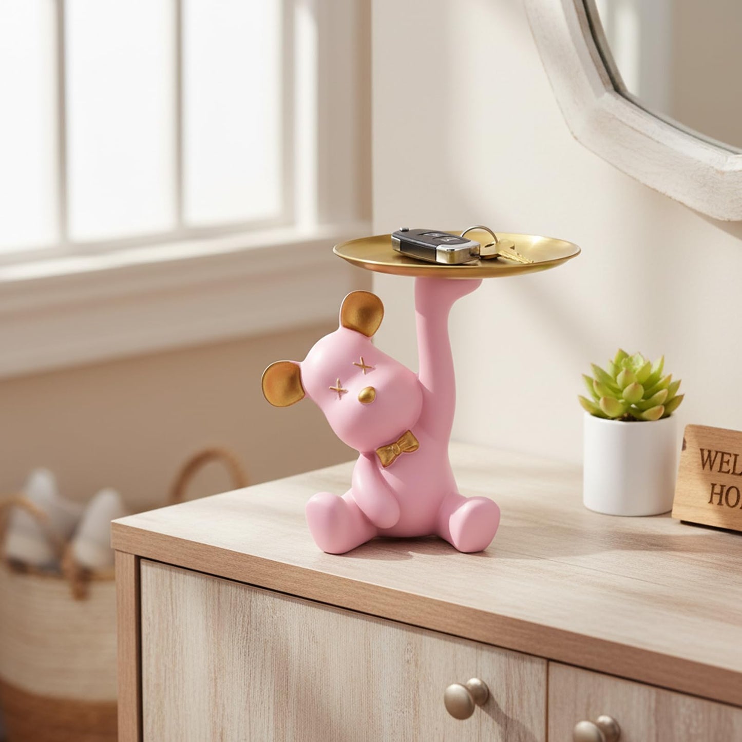 Weyiqet Bear Figurine Tray, Resin Key & Candy Dish Bowl for Entryway Table, Office Desk - Cute Key Holder, Funny Small Candy Dish, Home Decorations Indoor, Bear Home Decor Gift (pink)