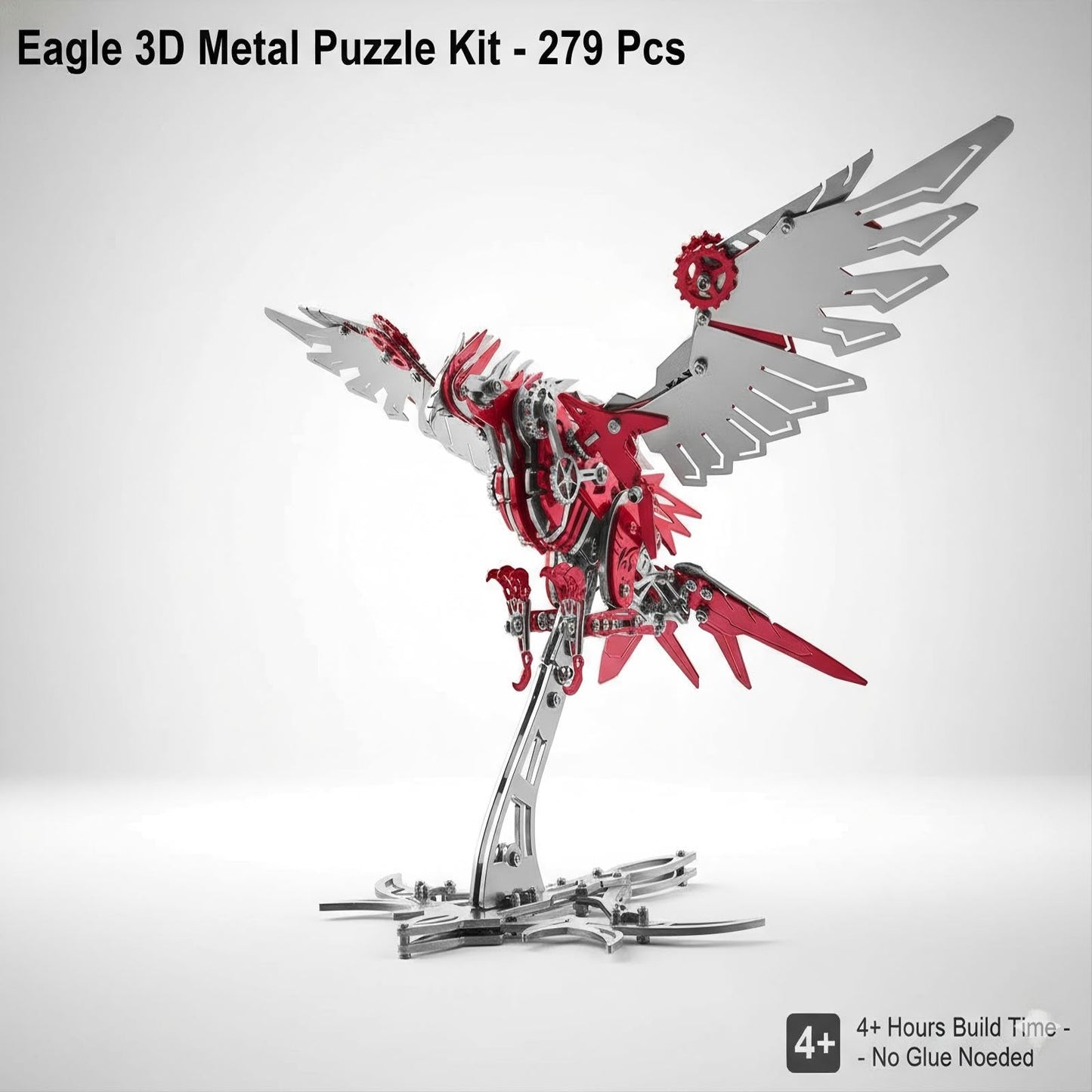 Eagle 3D Metal Puzzles for Adults, 279 PCS Stainless Steel DIY Mechanical Metal Model Kits, No Glue Assembly with Movable Joints, Challenging Metal Building Kit Desk Decor Gift (Silver Red Eagle)