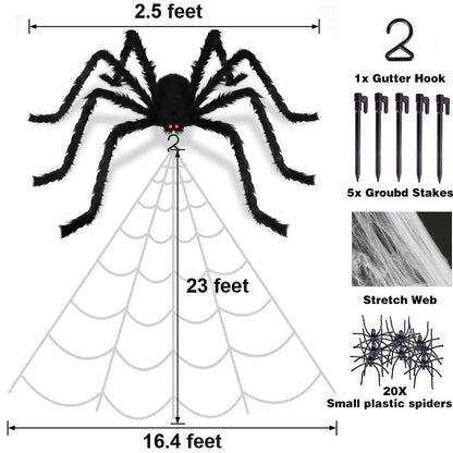 JOINSI 23ft Spider Web Halloween Decorations + 2.5ft Giant Fake Spider + Stretchy Dense Spider Silk + 20Pcs Small Spiders for Indoor Outdoor Yard Home Party Supplies Decor