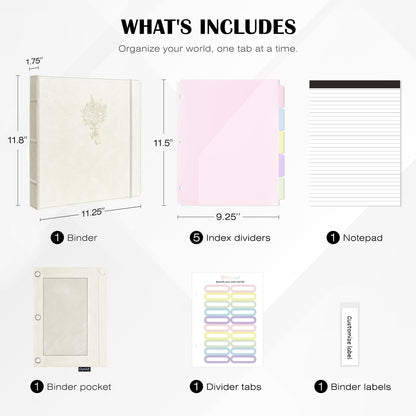Ospelelf Leather 3 Ring Binder for Letter Size Documents with PVC Pocketed Dividers, Pencil Pouch & Notepad, 1 Inch Round Rings, Holds 175 Sheets, for Office School Home Organization, Flower White