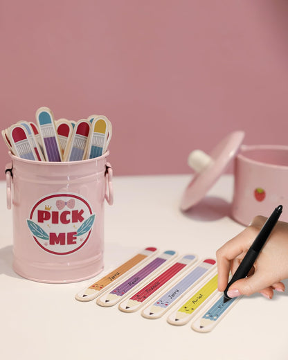Flip Name Sticks with Metal Box and Sticker, 36Pcs Talking Flip Name Sticks for Classroom Management, Teacher Essentials Student Educational and Learning Activities (Pencil)