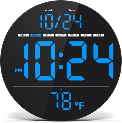 Digital Wall Clock with Large LED Display, Date, Temperature, Auto-Brightness | Small [PLUG-IN] Clock | Modern Electric Wall Clock for Bedroom, Classroom, Living Room, Home, Office, Farmhouse - Blue