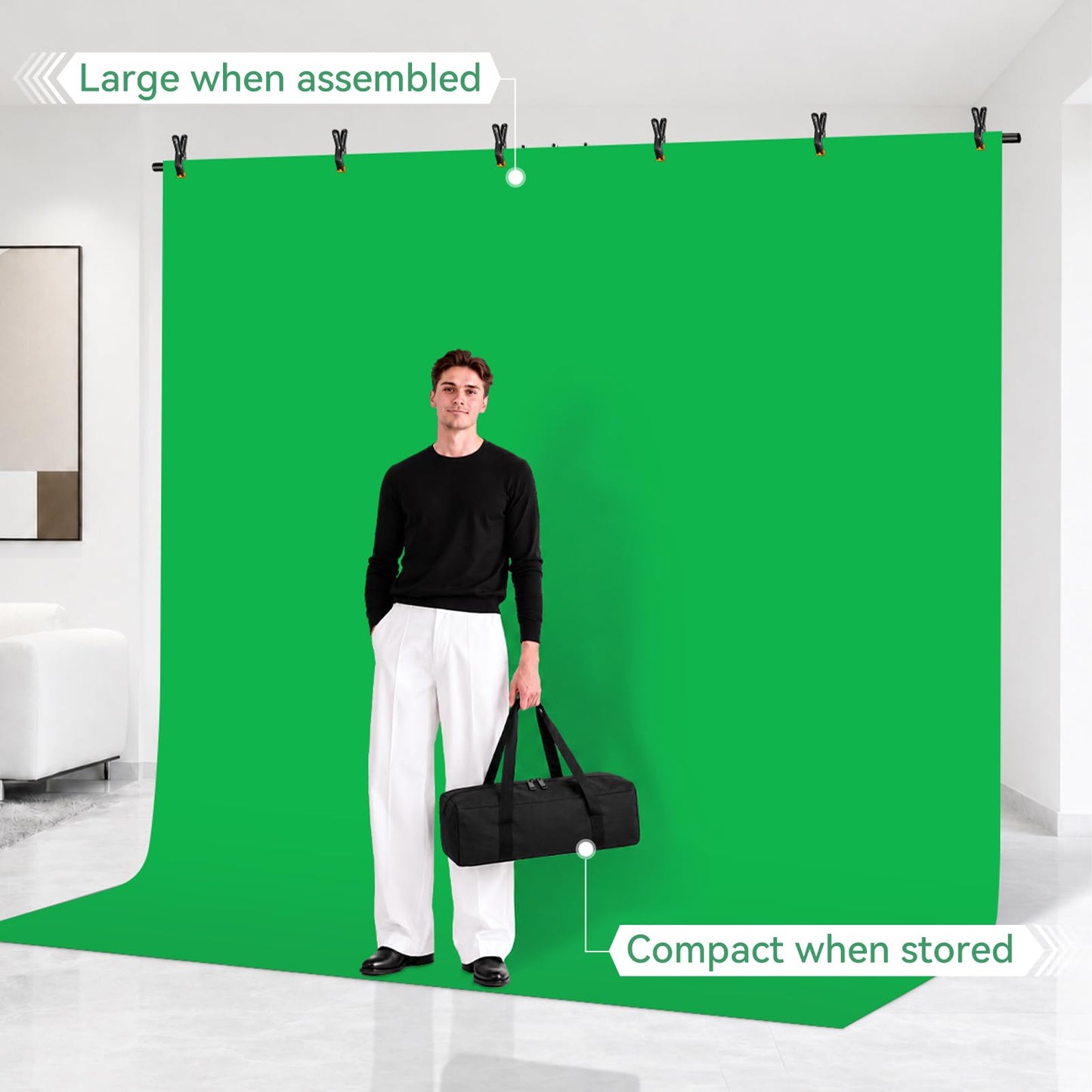EMART Green Screen Backdrop Kit, 8.5x8.5ft Large Green Screen Backdrop with 8.8x7.5FT Reverse Folding T-Shape Tripod Stand, Spliced Crossbar Plate & 6 Clamps for Studio Shooting, Live Stream