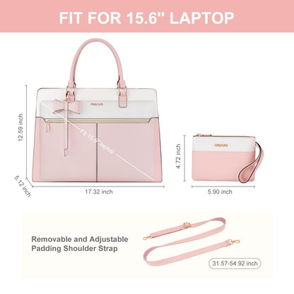 MOSISO Laptop Tote Bag for Women, 15.6 inch Waterproof PU Leather Work Bag with Clutch Purse & Bowknot, Large Capacity Handbag Shoulder Computer Bags Work Briefcase for Business Teacher Office, Pink