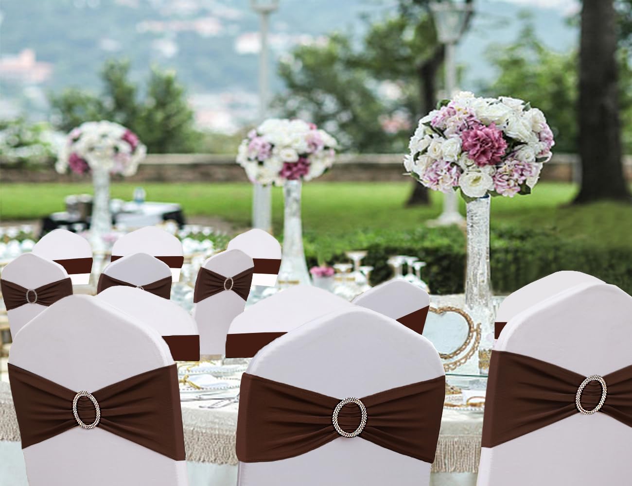 JFDYDM Brown Chair Sashes 50 Pack, Spandex Brown Chair Bows Bands with Buckle Slider for Folding Chairs Wedding Party Birthday Decor, Chair Ties