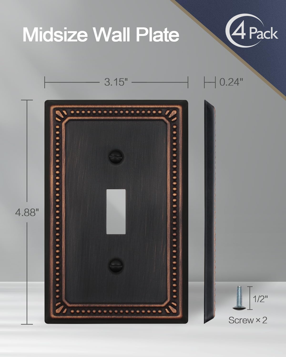 ZILLSEA Metal Wall Plates, Switch Plates and Outlet Covers, Decorative Pearl Design (1 Toggle 4PK, Aged Bronze, Midsize)