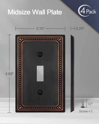 ZILLSEA Metal Wall Plates, Switch Plates and Outlet Covers, Decorative Pearl Design (1 Toggle 4PK, Aged Bronze, Midsize)
