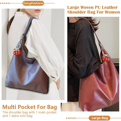 SongKedora Vegan Hobo Bag Cherry Leather Shoulder Purse Slouchy Designer Crossbody Bag for Women Retro Tote Handbag (Coffee)
