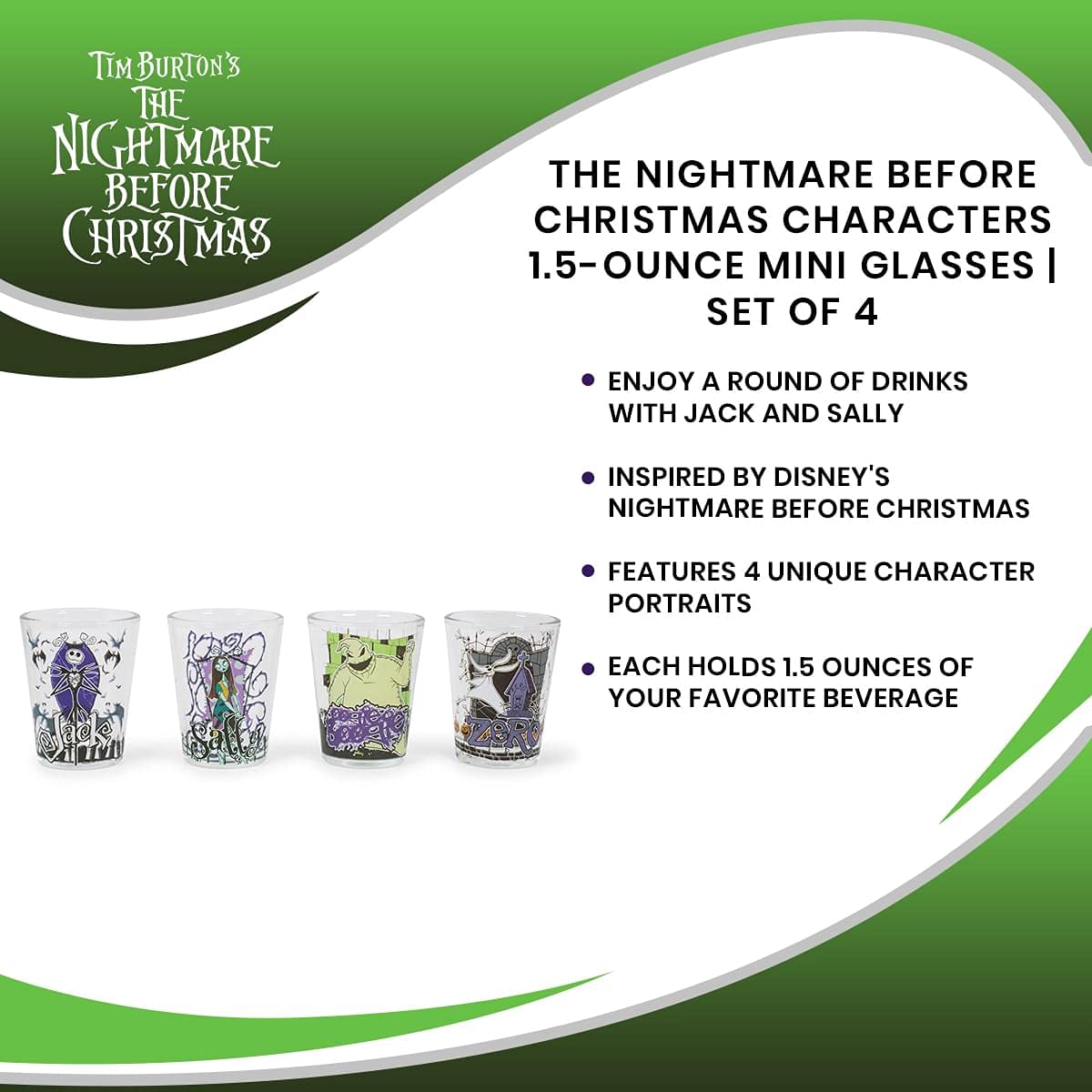 Silver Buffalo Disney Nightmare Before Christmas Featuring Jack Skellington, Sally, Oogie Boogie, and Zero 4 Pack Mini Glasses, 1.5 Ounces