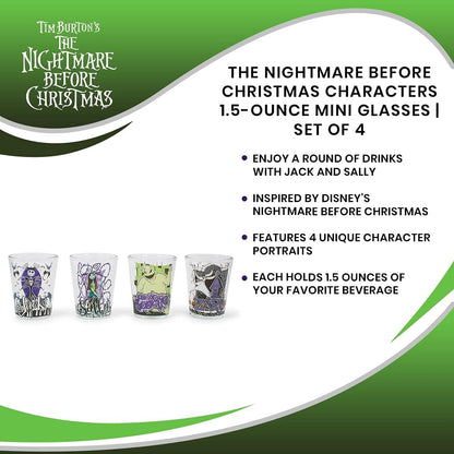 Silver Buffalo Disney Nightmare Before Christmas Featuring Jack Skellington, Sally, Oogie Boogie, and Zero 4 Pack Mini Glasses, 1.5 Ounces